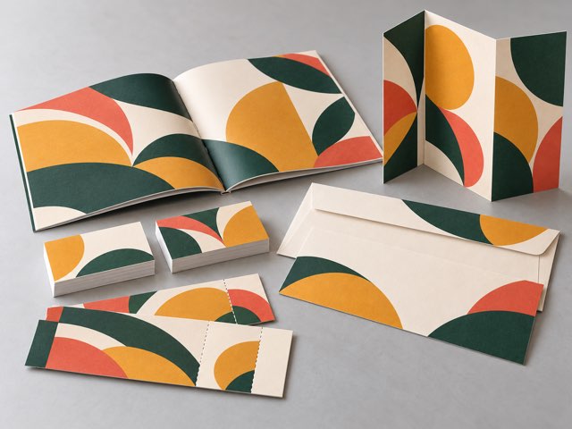 Printed booklets, stationery and business print arranged on a studio table