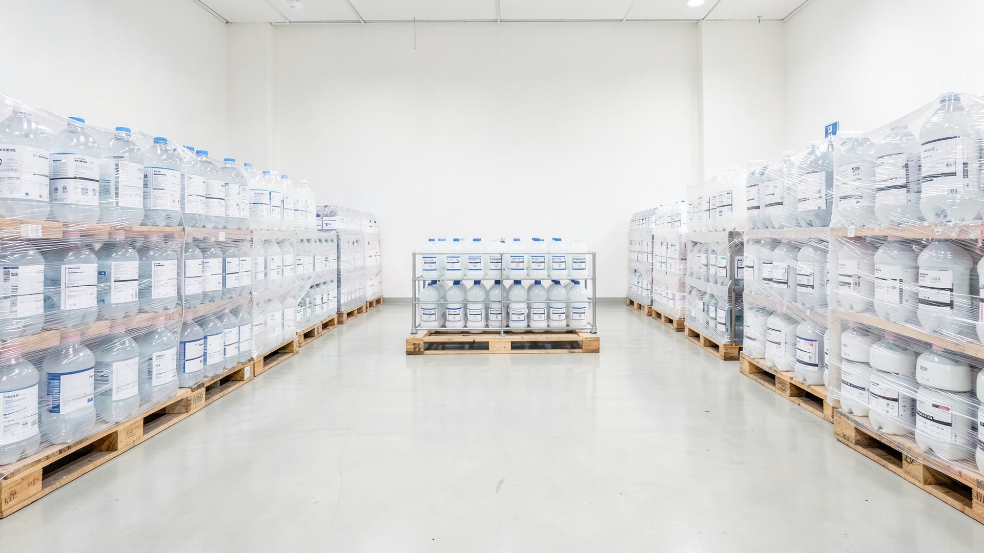 Bright warehouse with wrapped pallets of finished labelled bottles
