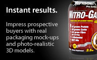 Instant results. Impress prospective buyers with real packaging mock-ups and photo-realistic 3D models.